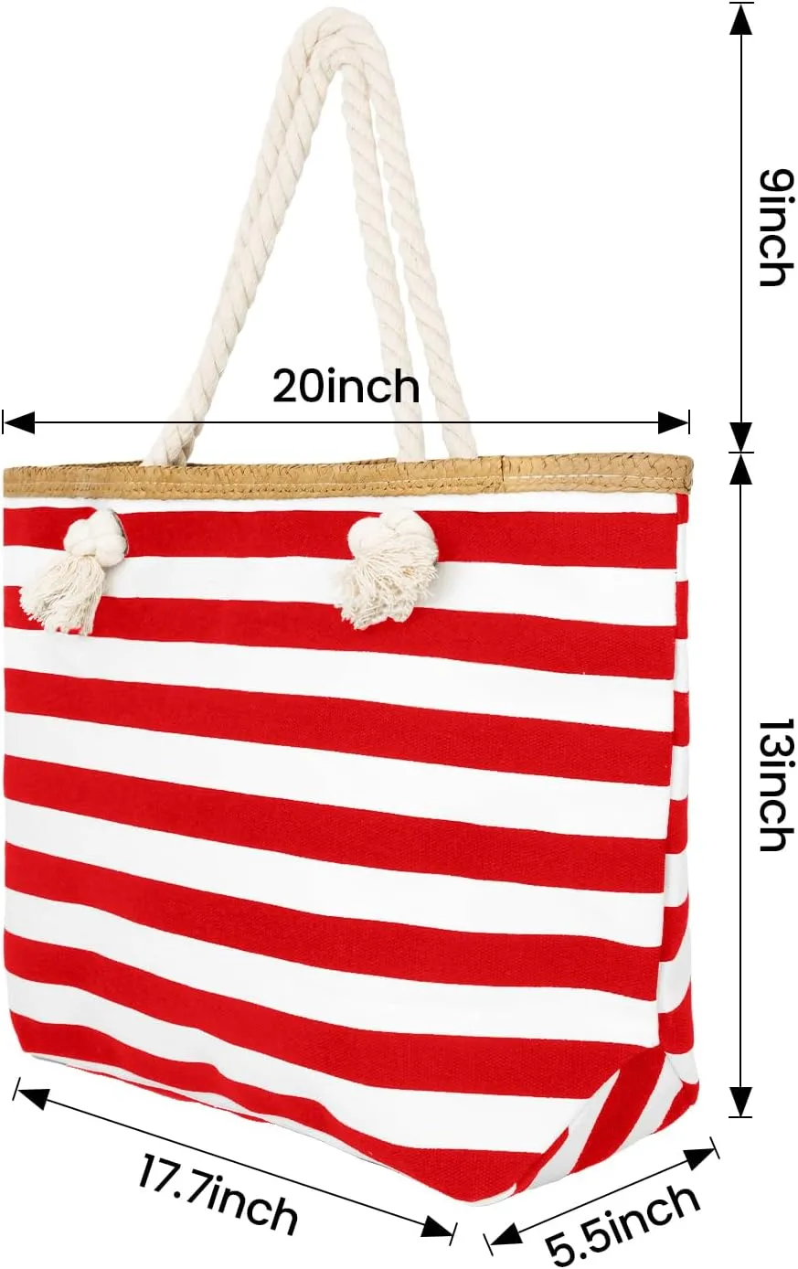 Muka Women Canvas Tote Shoulder Beach Bag with Top Zipper Closure and Rope Handles for Travel, Shopping