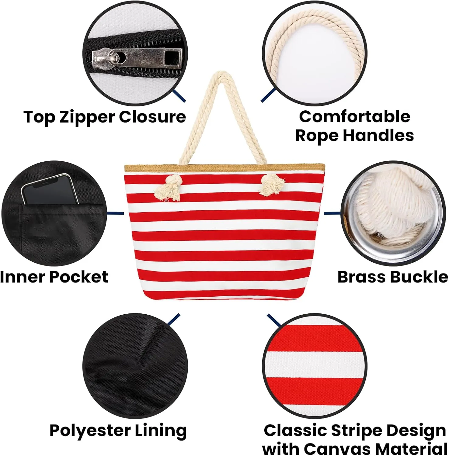 Muka Women Canvas Tote Shoulder Beach Bag with Top Zipper Closure and Rope Handles for Travel, Shopping