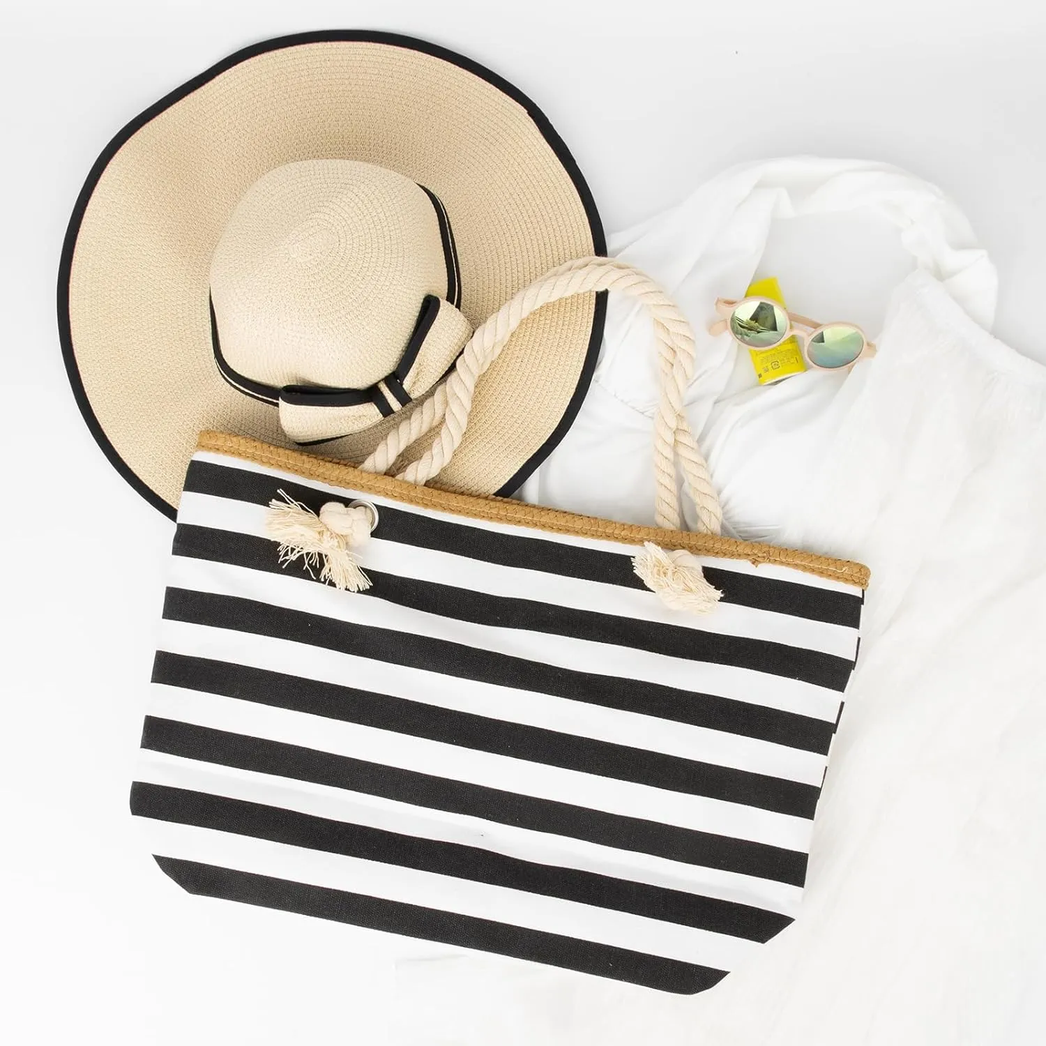 Muka Women Canvas Tote Shoulder Beach Bag with Top Zipper Closure and Rope Handles for Travel, Shopping