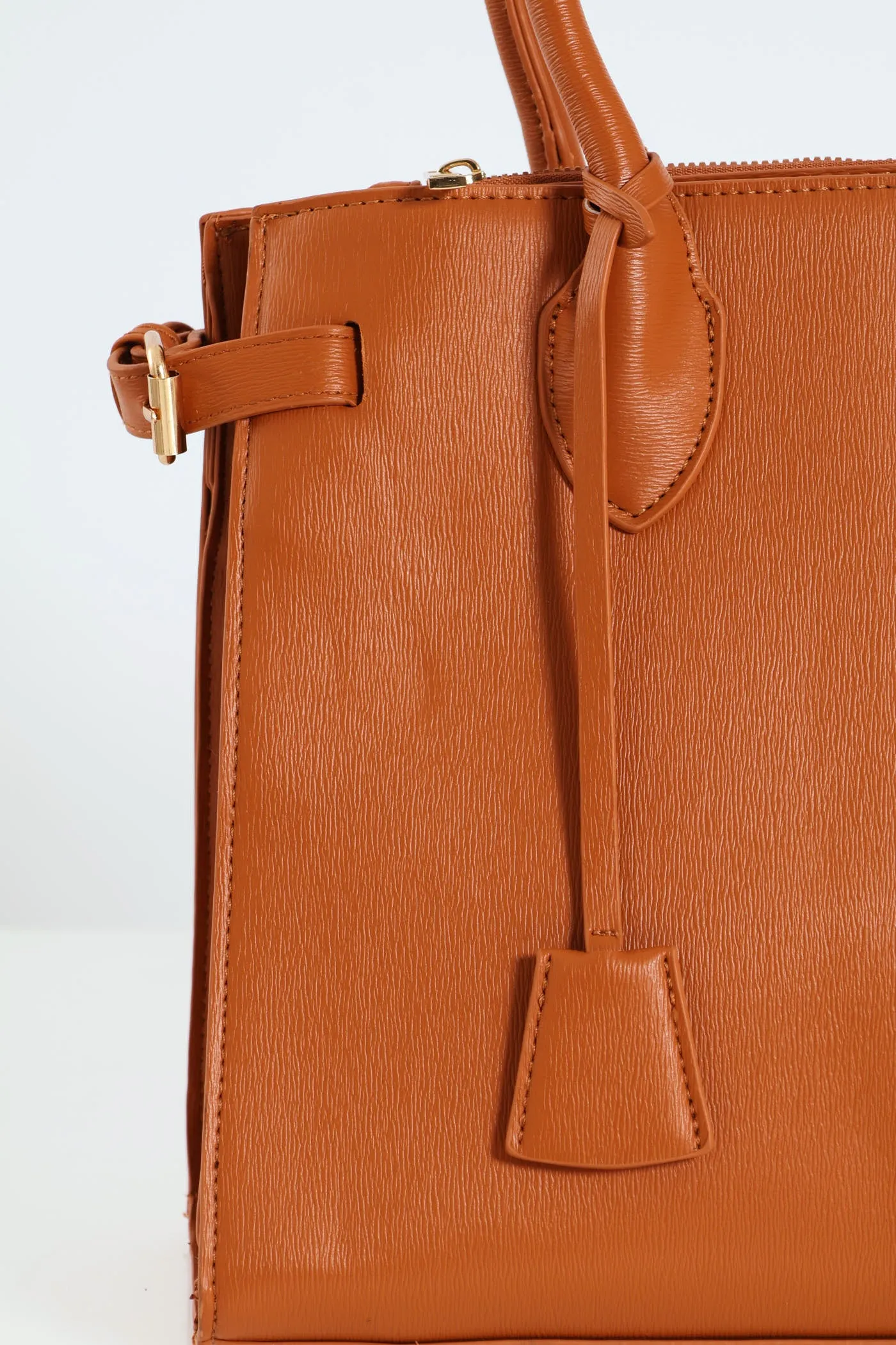 Multi Compartment Tote With Buckle Detail - Tan