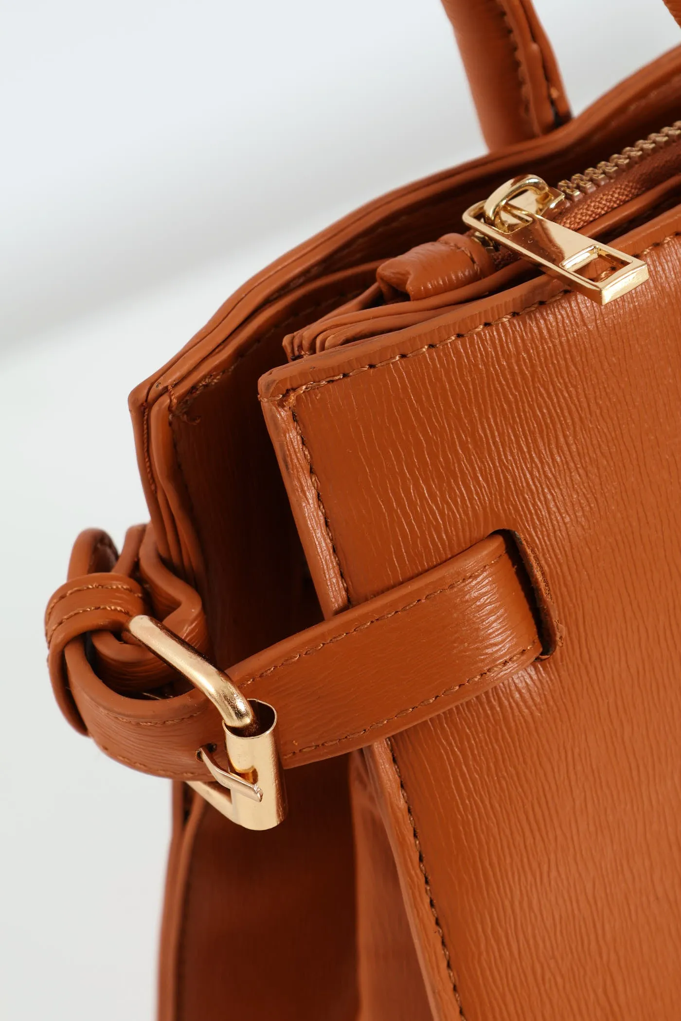 Multi Compartment Tote With Buckle Detail - Tan