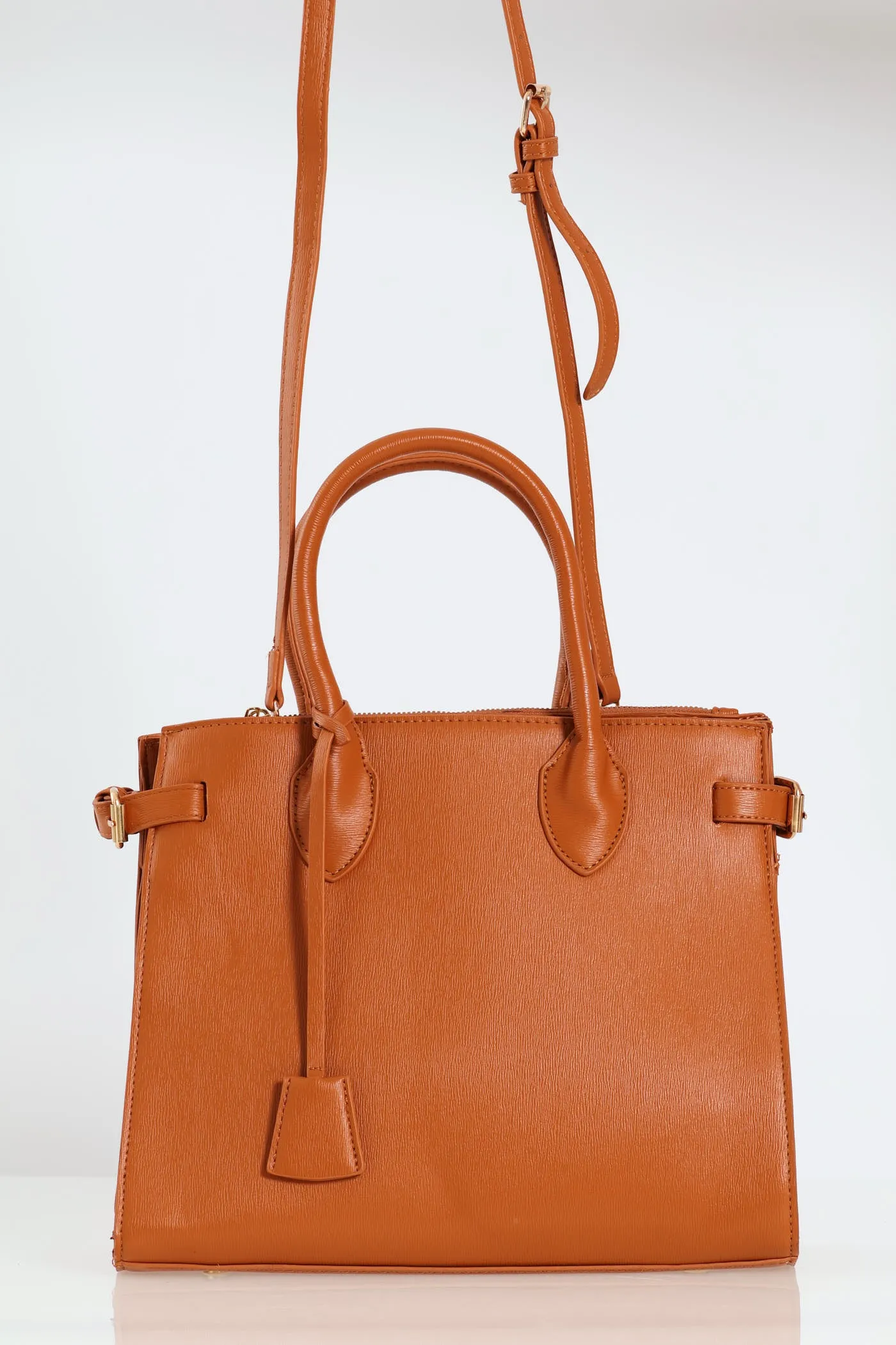 Multi Compartment Tote With Buckle Detail - Tan