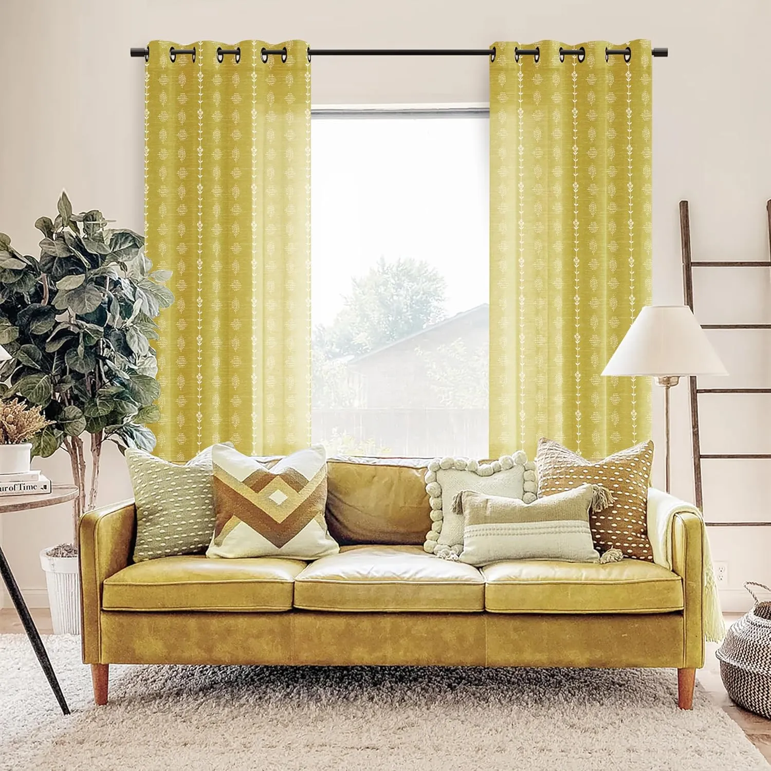 Mustard Yellow Retro Curtains 70s MCM Funky Boho Sheer Spring Colorful Curtains for Living Room Bedroom,96 Inches Long,Yellow and White