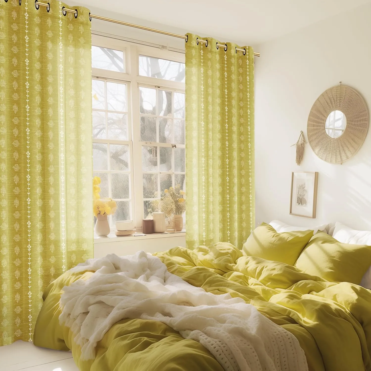 Mustard Yellow Retro Curtains 70s MCM Funky Boho Sheer Spring Colorful Curtains for Living Room Bedroom,96 Inches Long,Yellow and White