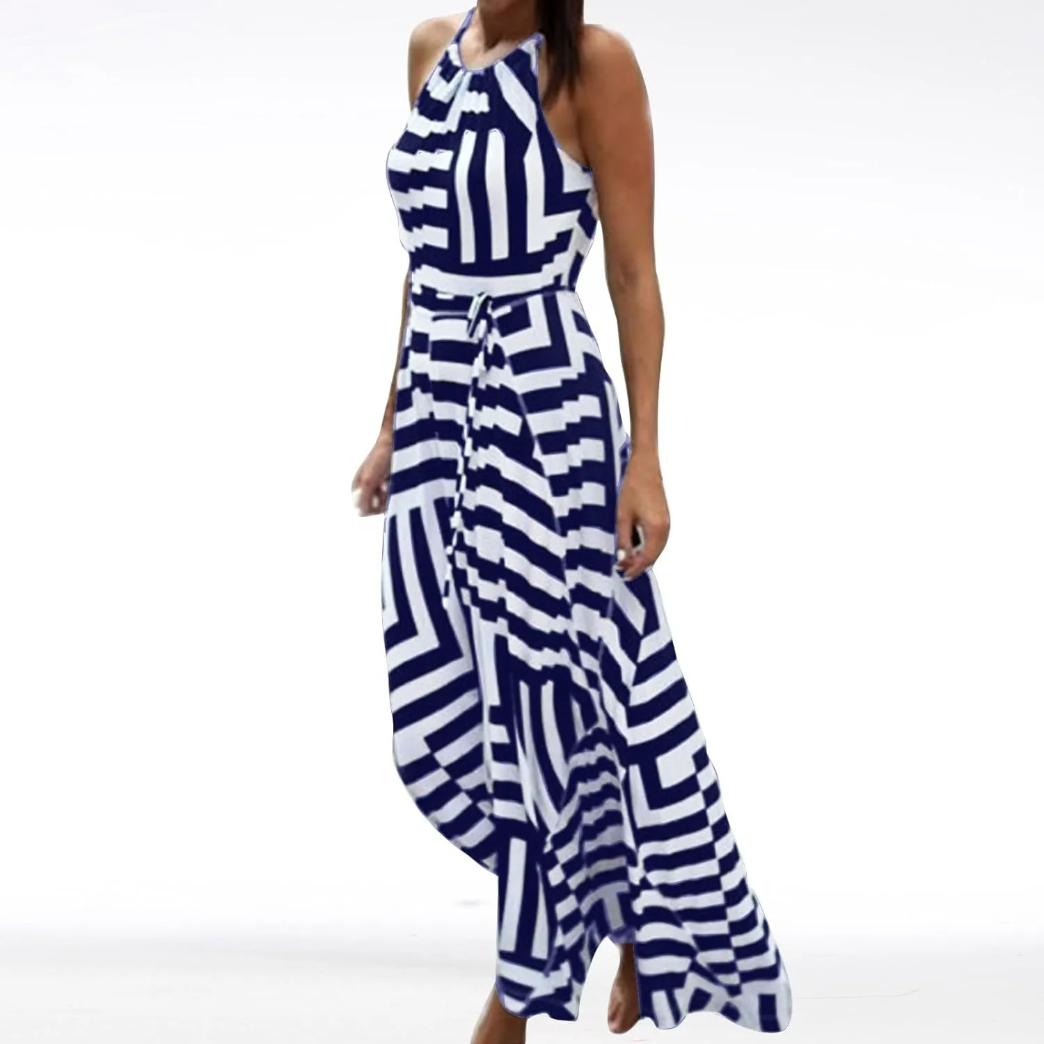 NaRHbrg Women's Halter Neck Striped Maxi Dress Sleeveless High Waist Sundress Summer Beach Casual Long Dresses