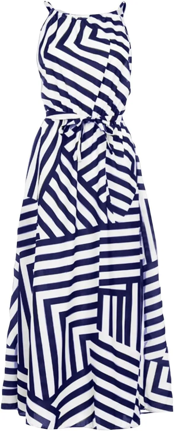 NaRHbrg Women's Halter Neck Striped Maxi Dress Sleeveless High Waist Sundress Summer Beach Casual Long Dresses