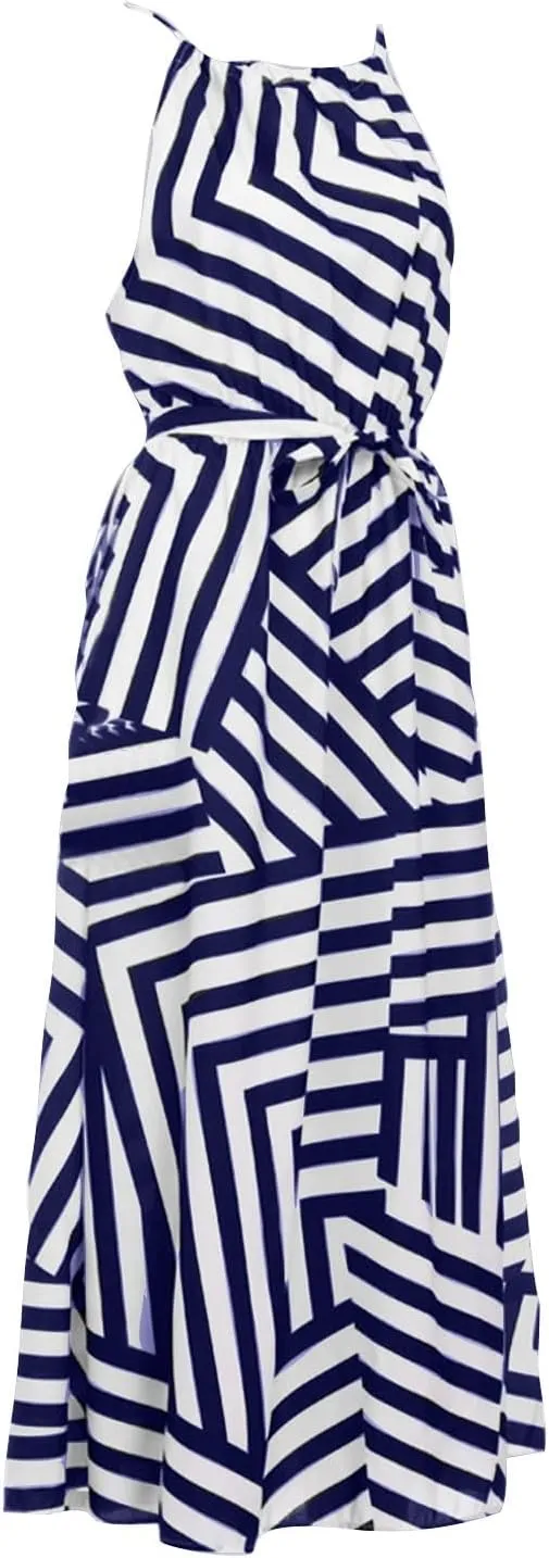 NaRHbrg Women's Halter Neck Striped Maxi Dress Sleeveless High Waist Sundress Summer Beach Casual Long Dresses