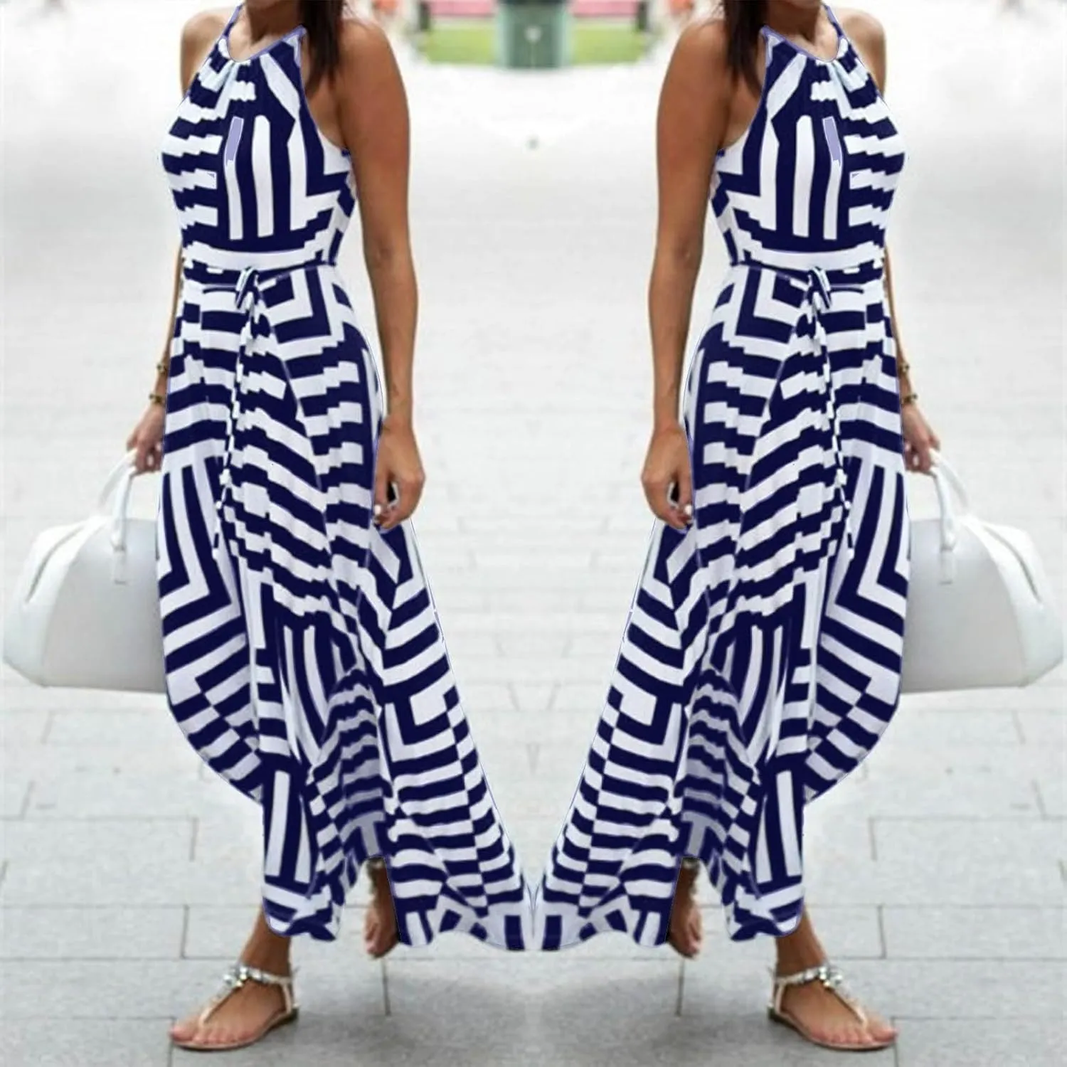 NaRHbrg Women's Halter Neck Striped Maxi Dress Sleeveless High Waist Sundress Summer Beach Casual Long Dresses