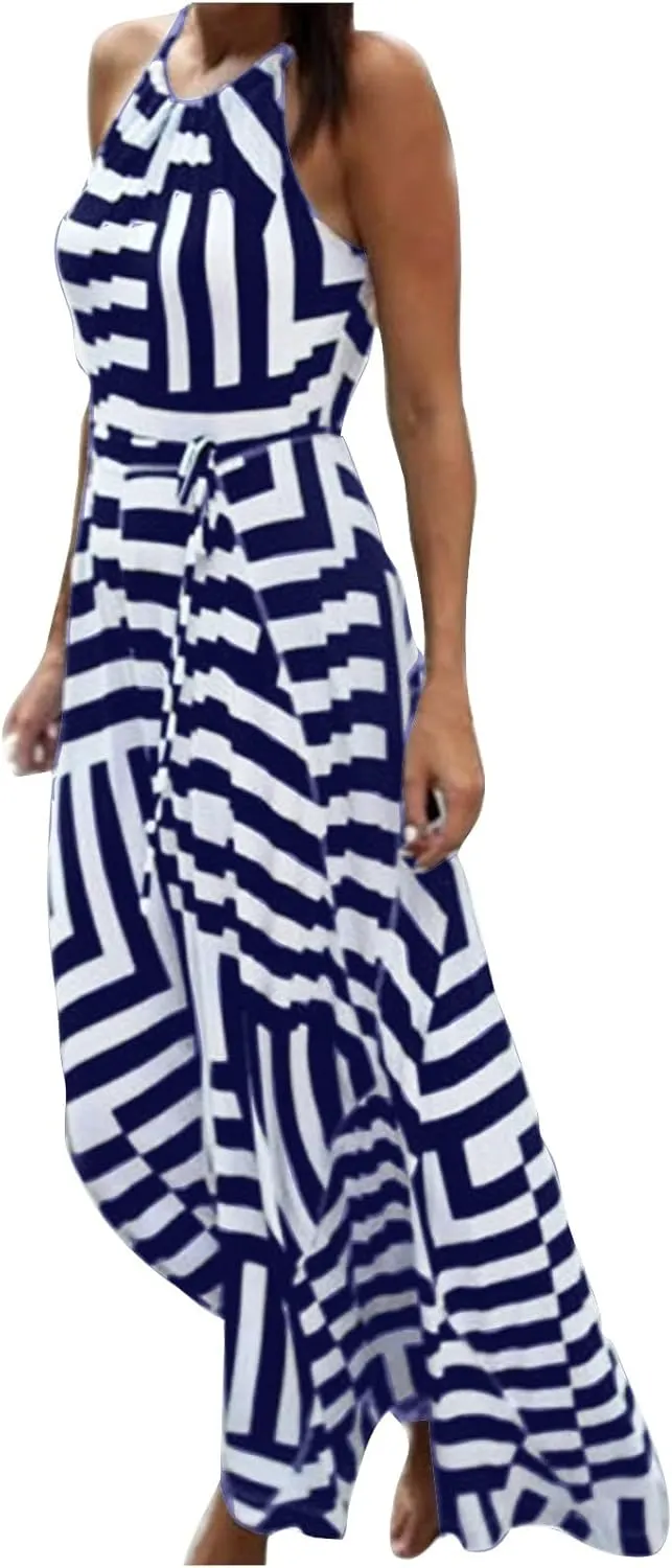 NaRHbrg Women's Halter Neck Striped Maxi Dress Sleeveless High Waist Sundress Summer Beach Casual Long Dresses
