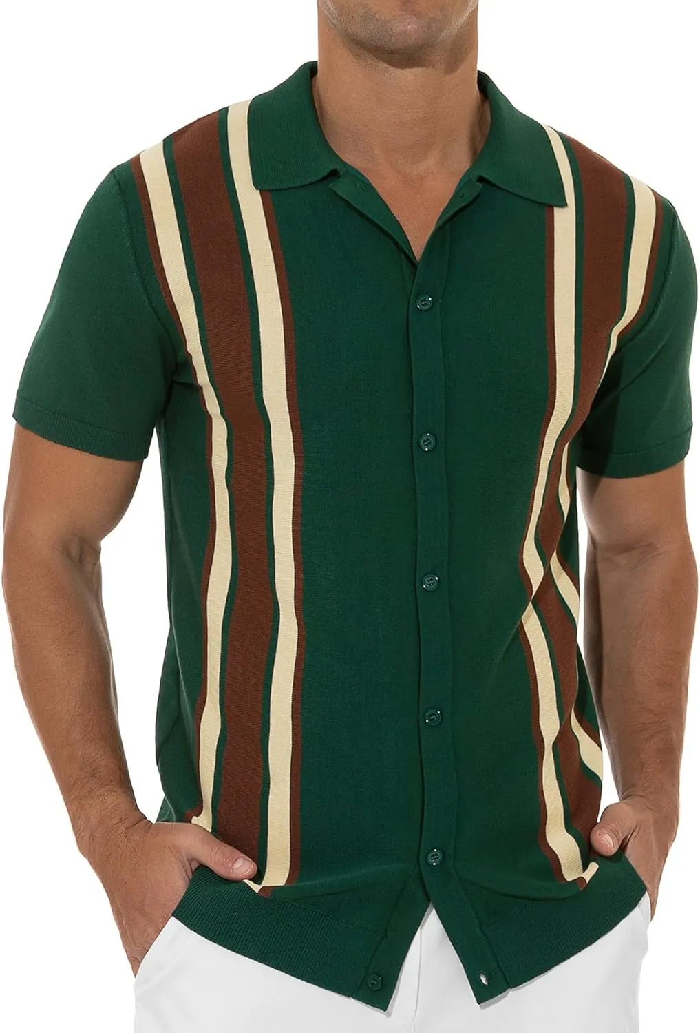 NITAGUT Mens Polo Shirts Vintage Striped Knitting Short Sleeves Button Down Golf Shirts