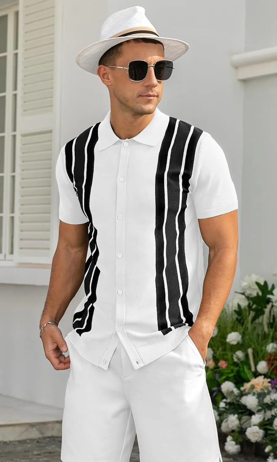 NITAGUT Mens Polo Shirts Vintage Striped Knitting Short Sleeves Button Down Golf Shirts