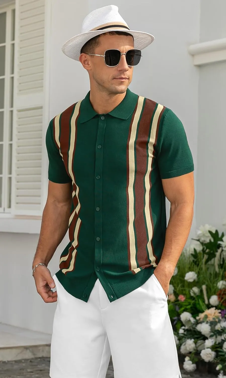 NITAGUT Mens Polo Shirts Vintage Striped Knitting Short Sleeves Button Down Golf Shirts