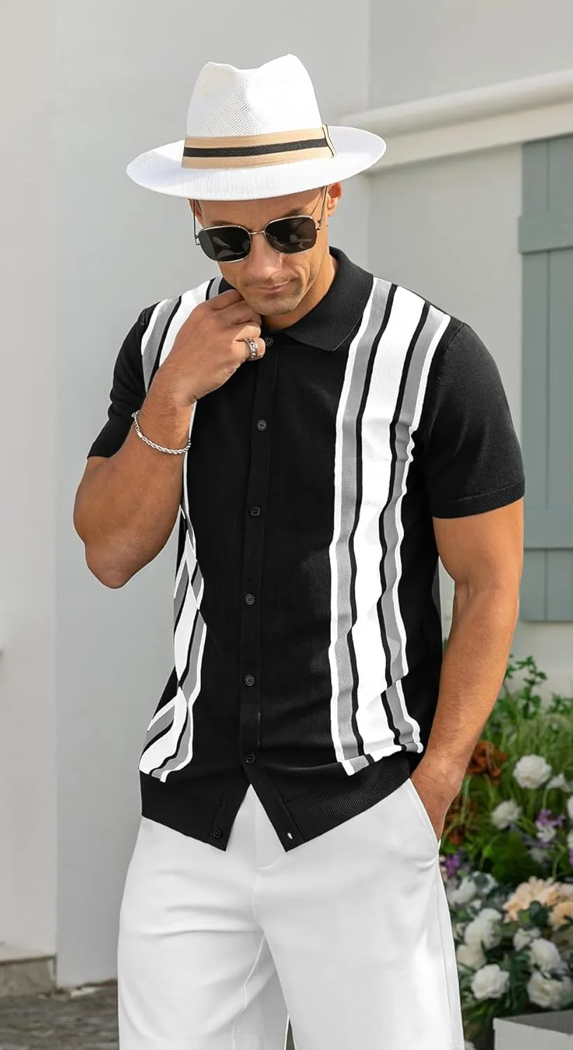 NITAGUT Mens Polo Shirts Vintage Striped Knitting Short Sleeves Button Down Golf Shirts