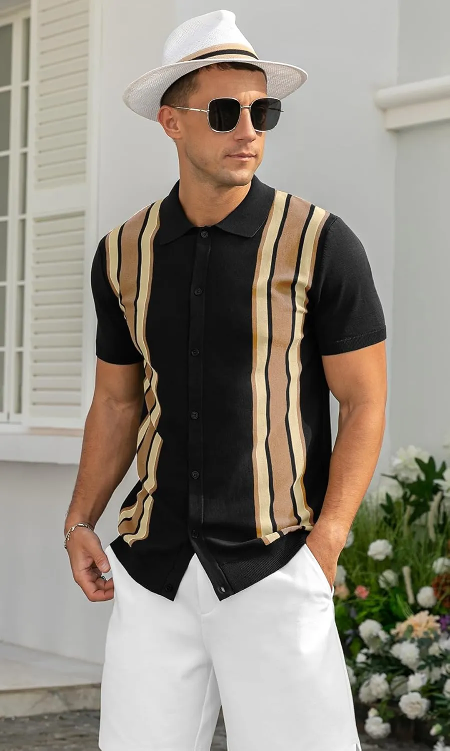 NITAGUT Mens Polo Shirts Vintage Striped Knitting Short Sleeves Button Down Golf Shirts
