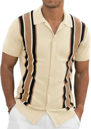 NITAGUT Mens Polo Shirts Vintage Striped Knitting Short Sleeves Button Down Golf Shirts