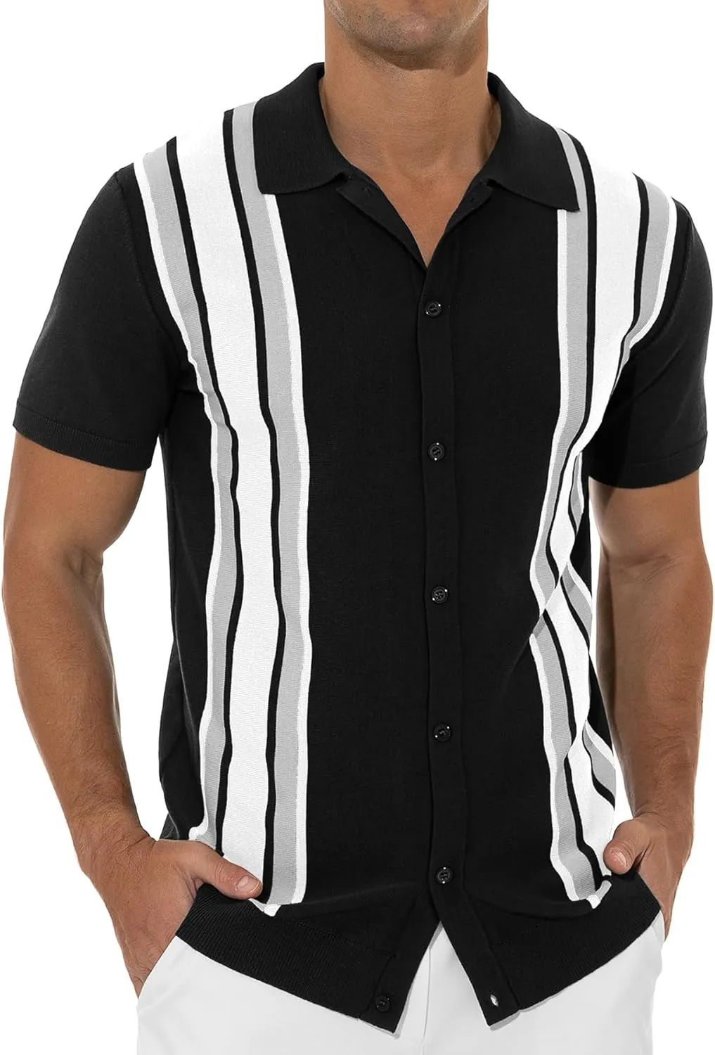 NITAGUT Mens Polo Shirts Vintage Striped Knitting Short Sleeves Button Down Golf Shirts