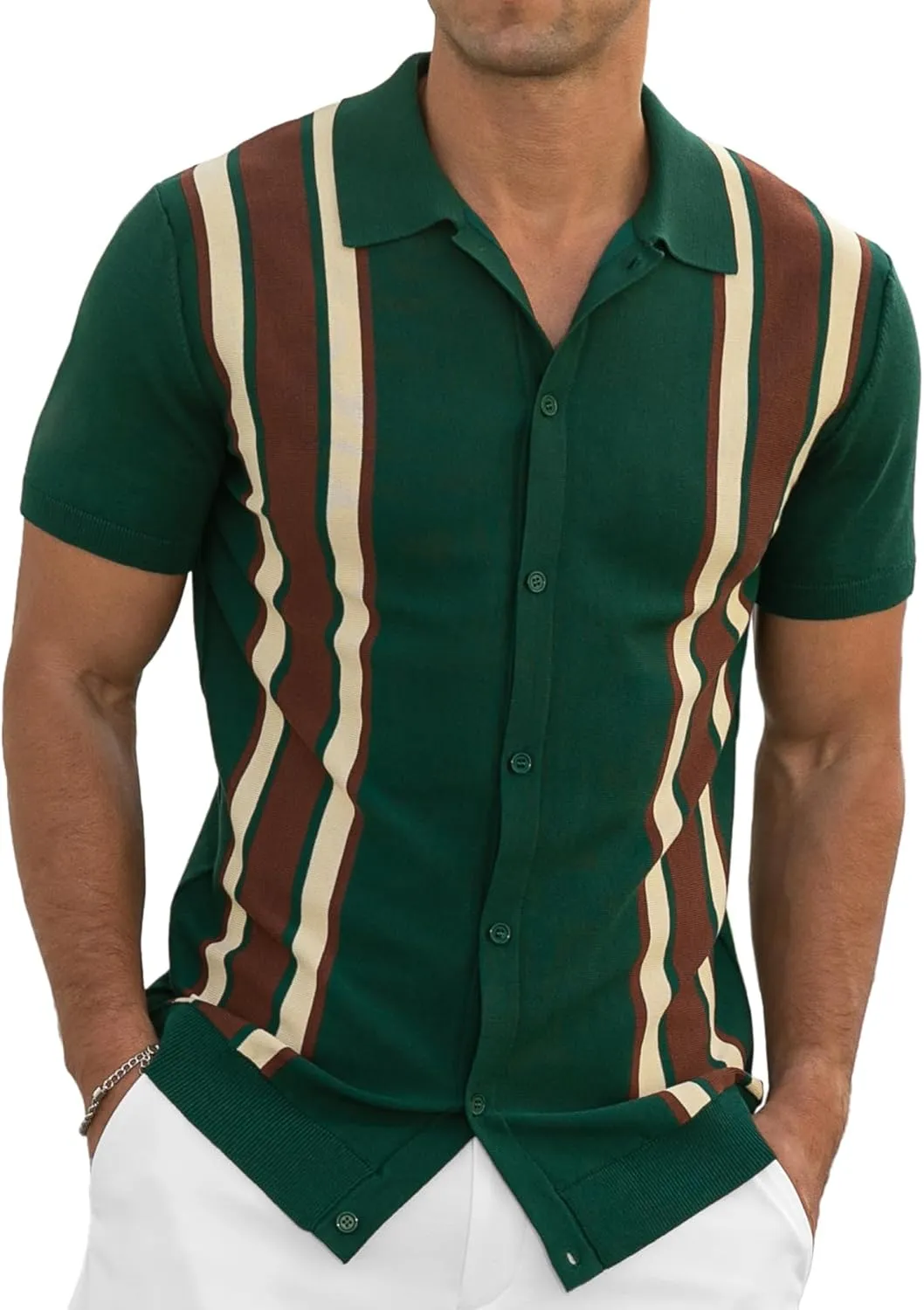 NITAGUT Mens Polo Shirts Vintage Striped Knitting Short Sleeves Button Down Golf Shirts