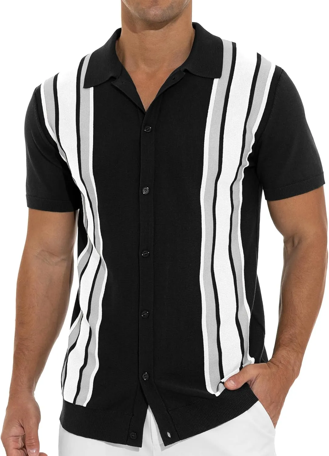 NITAGUT Mens Polo Shirts Vintage Striped Knitting Short Sleeves Button Down Golf Shirts