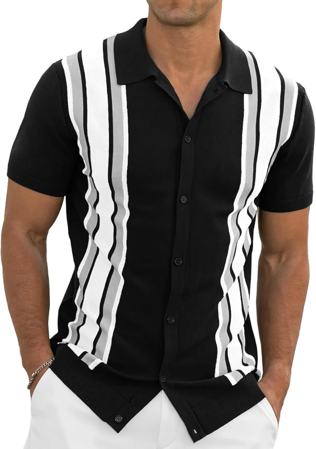 NITAGUT Mens Polo Shirts Vintage Striped Knitting Short Sleeves Button Down Golf Shirts