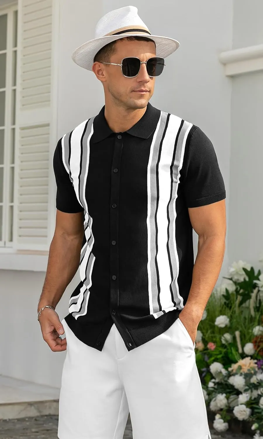 NITAGUT Mens Polo Shirts Vintage Striped Knitting Short Sleeves Button Down Golf Shirts