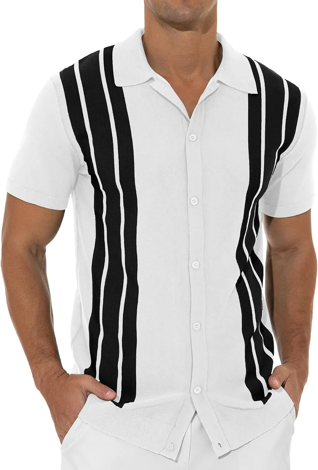 NITAGUT Mens Polo Shirts Vintage Striped Knitting Short Sleeves Button Down Golf Shirts