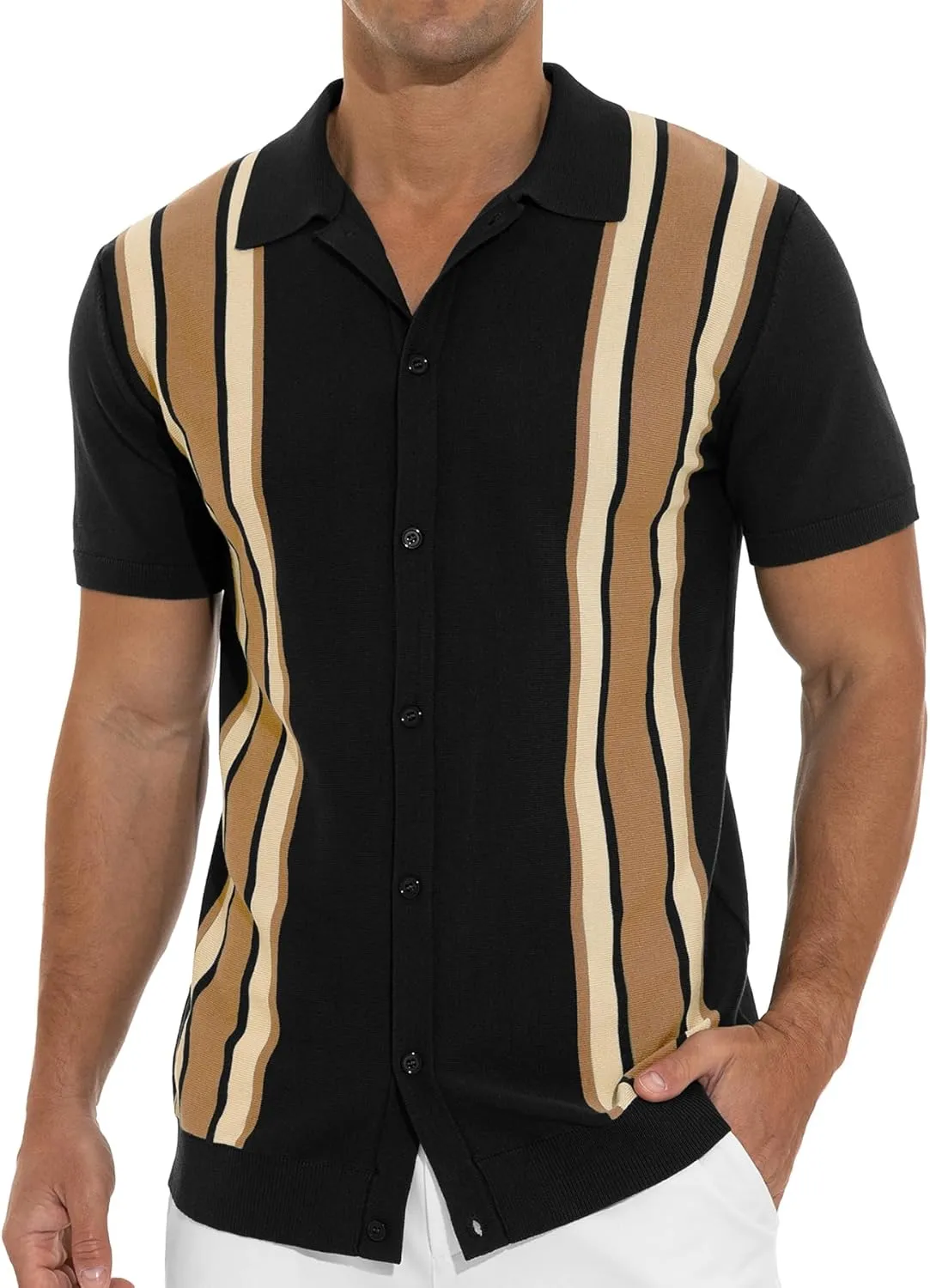 NITAGUT Mens Polo Shirts Vintage Striped Knitting Short Sleeves Button Down Golf Shirts