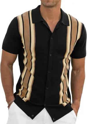 NITAGUT Mens Polo Shirts Vintage Striped Knitting Short Sleeves Button Down Golf Shirts