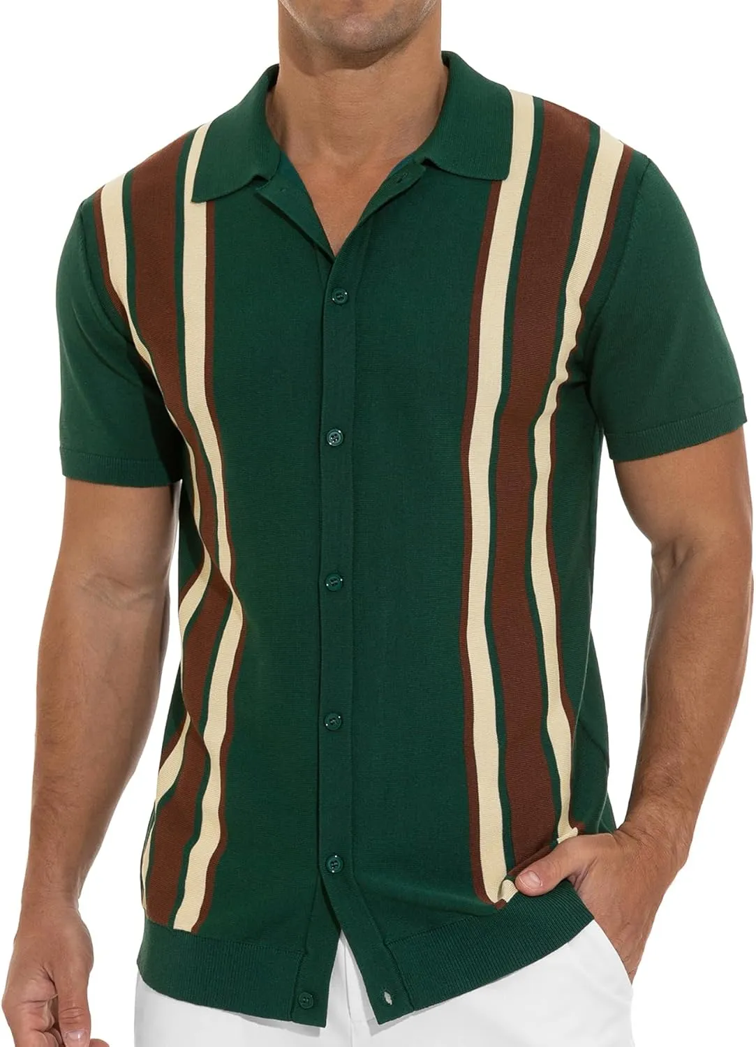 NITAGUT Mens Polo Shirts Vintage Striped Knitting Short Sleeves Button Down Golf Shirts