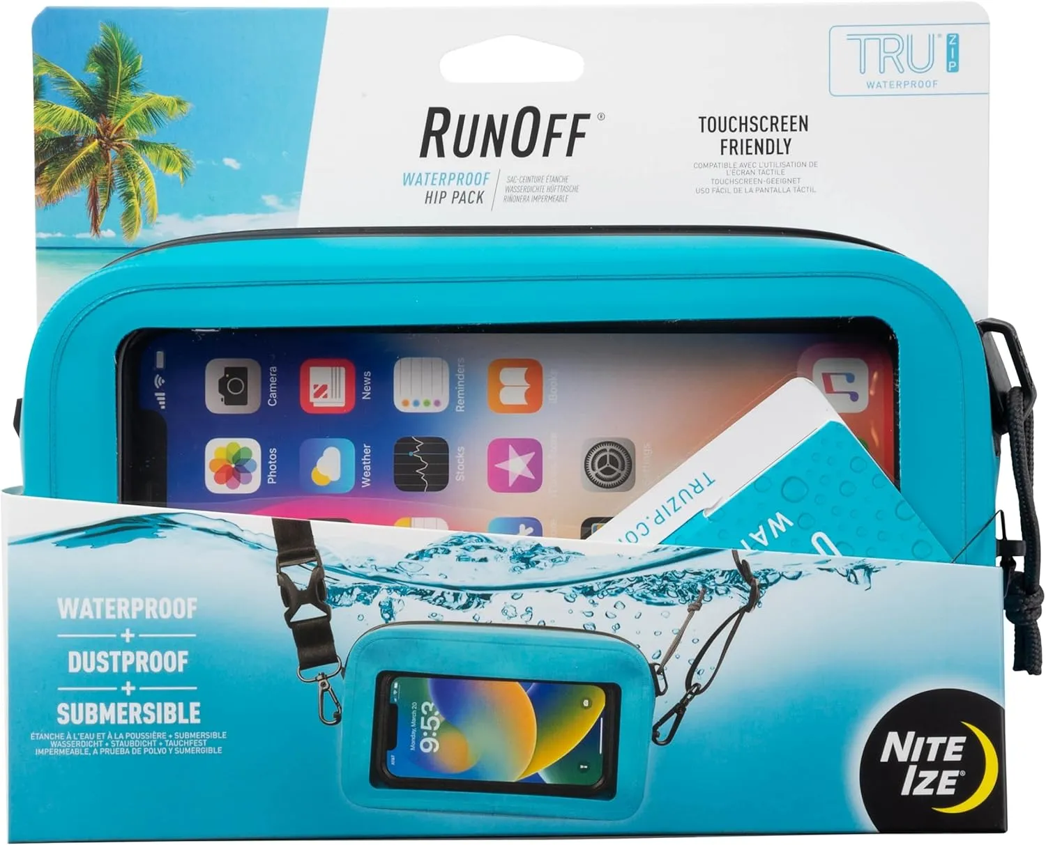 Nite Ize RunOff Waterproof Hip Pack - Beach & Hiking Essential - Bag for Phone & Travel Essentials - Crossbody Beach Tote & Travel Pouch with IP67 Rating - Blue