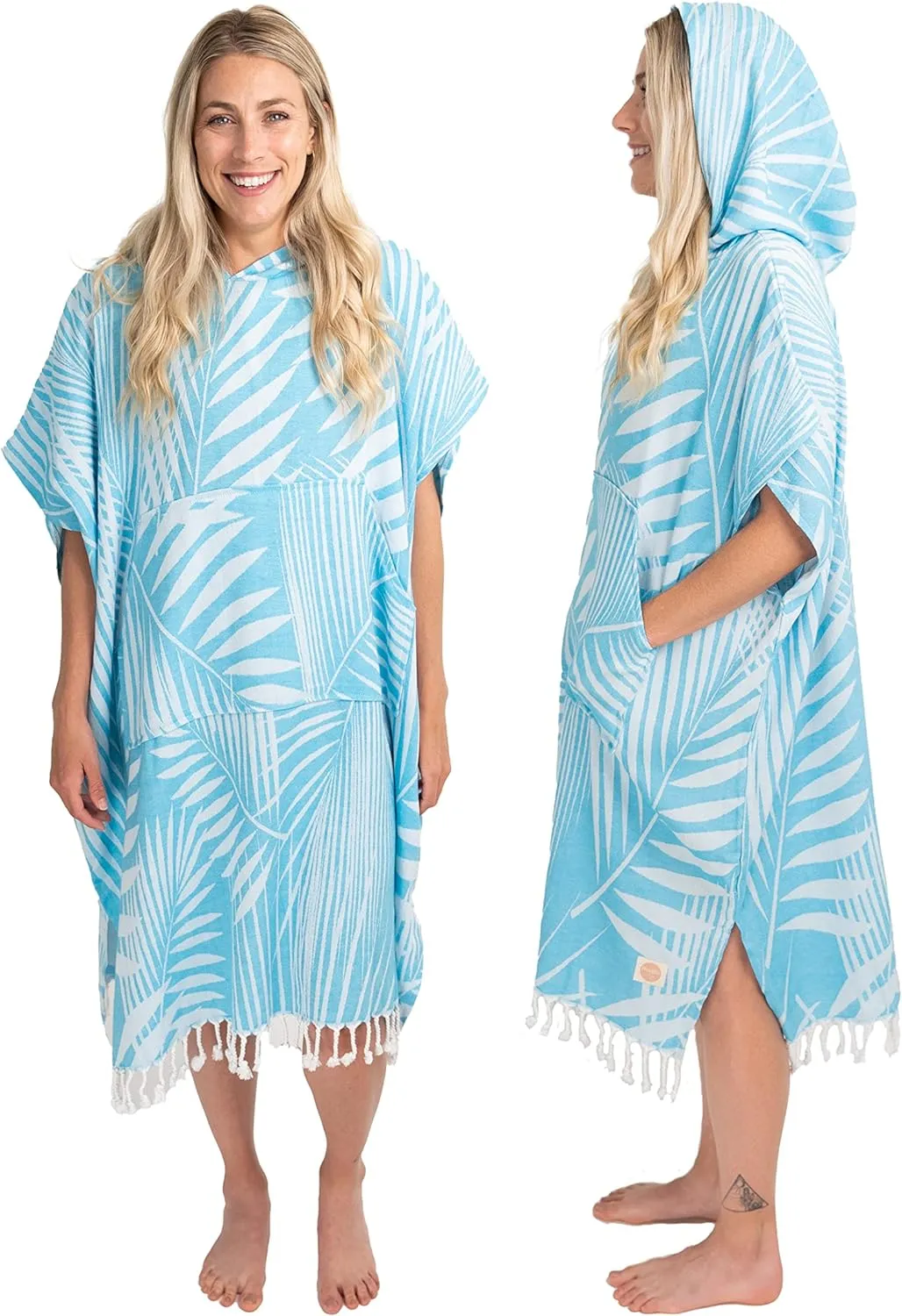 Nova Blue Surf Poncho – Tropical Blue Palm Leaves Towel Poncho – Large Changing Towel (33 x 37) – 100% Turkish Cotton Hooded Towel Adult for Surf Beach Pool and Swim