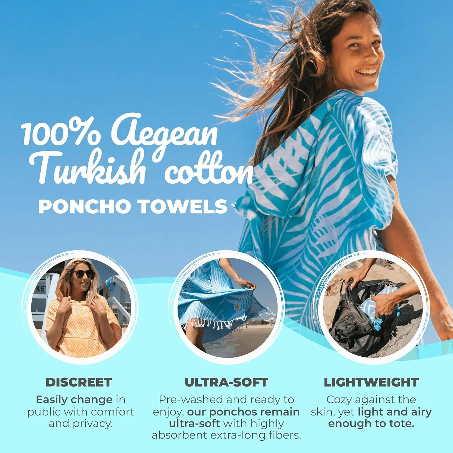 Nova Blue Surf Poncho – Tropical Blue Palm Leaves Towel Poncho – Large Changing Towel (33 x 37) – 100% Turkish Cotton Hooded Towel Adult for Surf Beach Pool and Swim