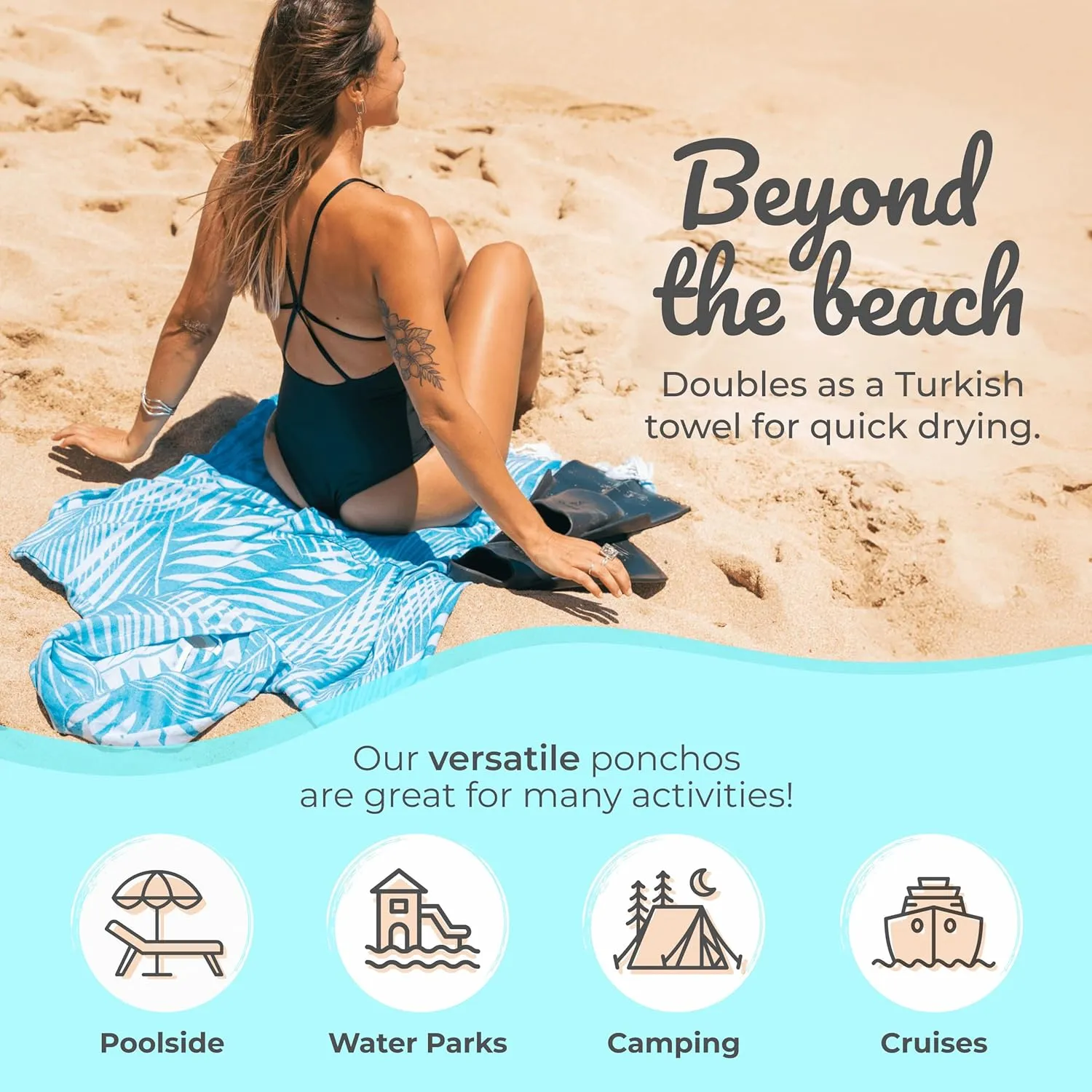 Nova Blue Surf Poncho – Tropical Blue Palm Leaves Towel Poncho – Large Changing Towel (33 x 37) – 100% Turkish Cotton Hooded Towel Adult for Surf Beach Pool and Swim