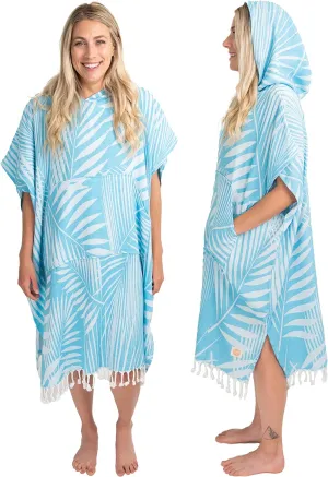 Nova Blue Surf Poncho – Tropical Blue Palm Leaves Towel Poncho – Large Changing Towel (33 x 37) – 100% Turkish Cotton Hooded Towel Adult for Surf Beach Pool and Swim