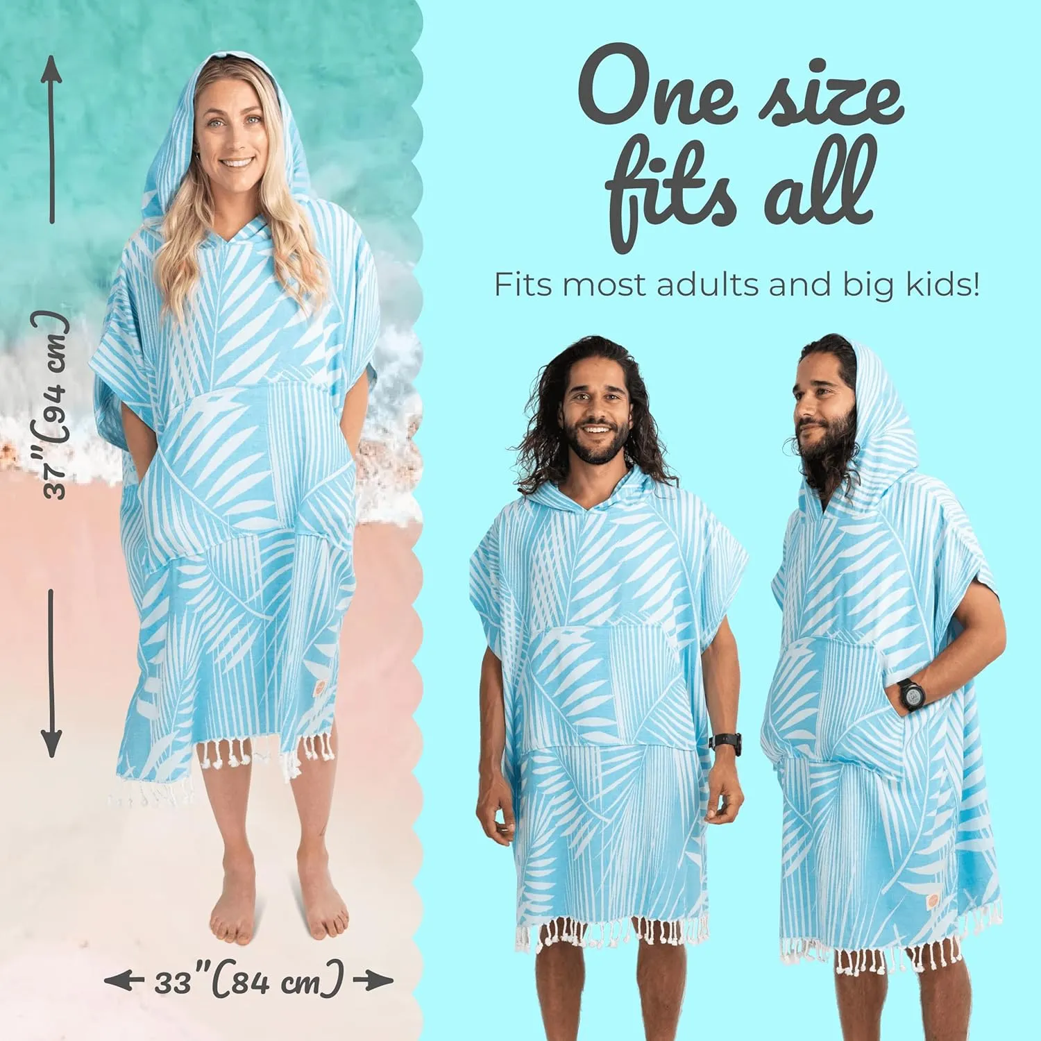 Nova Blue Surf Poncho – Tropical Blue Palm Leaves Towel Poncho – Large Changing Towel (33 x 37) – 100% Turkish Cotton Hooded Towel Adult for Surf Beach Pool and Swim