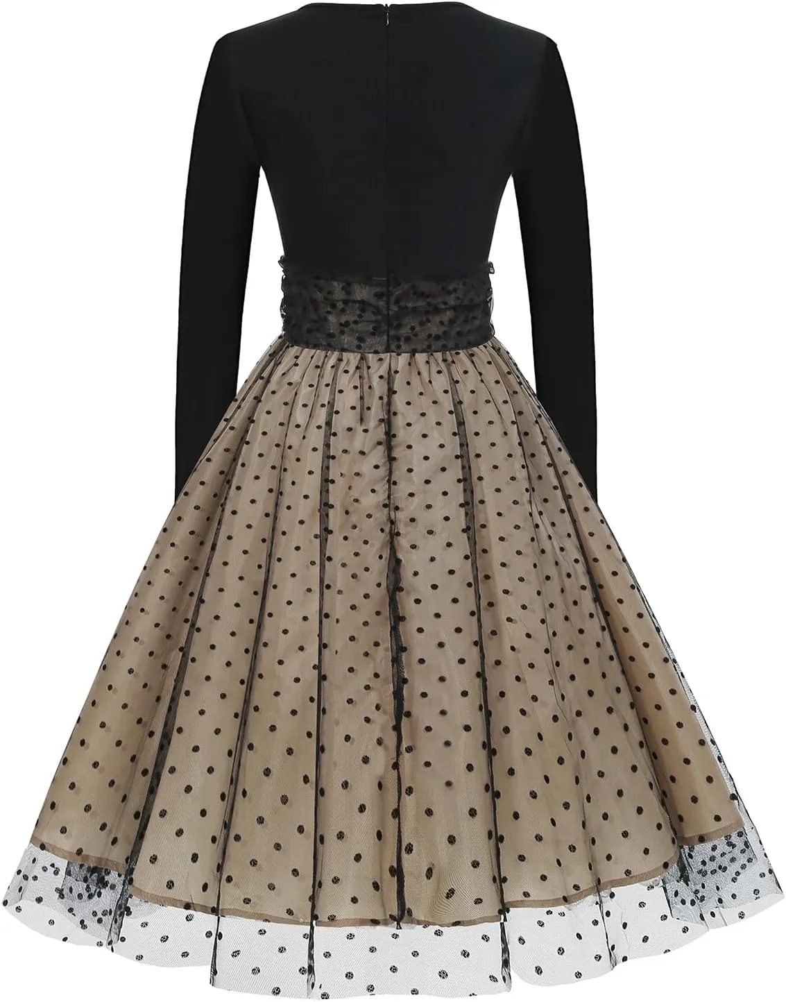OBEEII Vintage Dress for Women 1950s Long Sleeve Patchwork Polka Dots Tulle Cocktail Party Dress Retro Swing Midi Dress