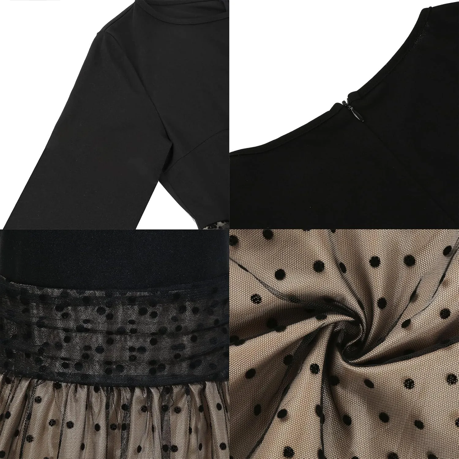 OBEEII Vintage Dress for Women 1950s Long Sleeve Patchwork Polka Dots Tulle Cocktail Party Dress Retro Swing Midi Dress