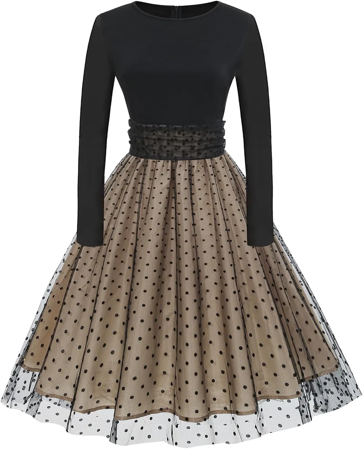OBEEII Vintage Dress for Women 1950s Long Sleeve Patchwork Polka Dots Tulle Cocktail Party Dress Retro Swing Midi Dress