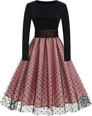 OBEEII Vintage Dress for Women 1950s Long Sleeve Patchwork Polka Dots Tulle Cocktail Party Dress Retro Swing Midi Dress