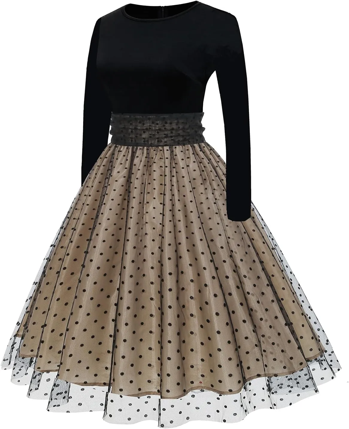 OBEEII Vintage Dress for Women 1950s Long Sleeve Patchwork Polka Dots Tulle Cocktail Party Dress Retro Swing Midi Dress