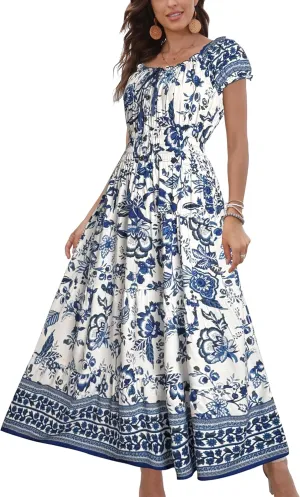 OSTOO Women's 2025 Summer Short Sleeves Boho Floral Print Tiered Casual Flowy Long Maxi Dress