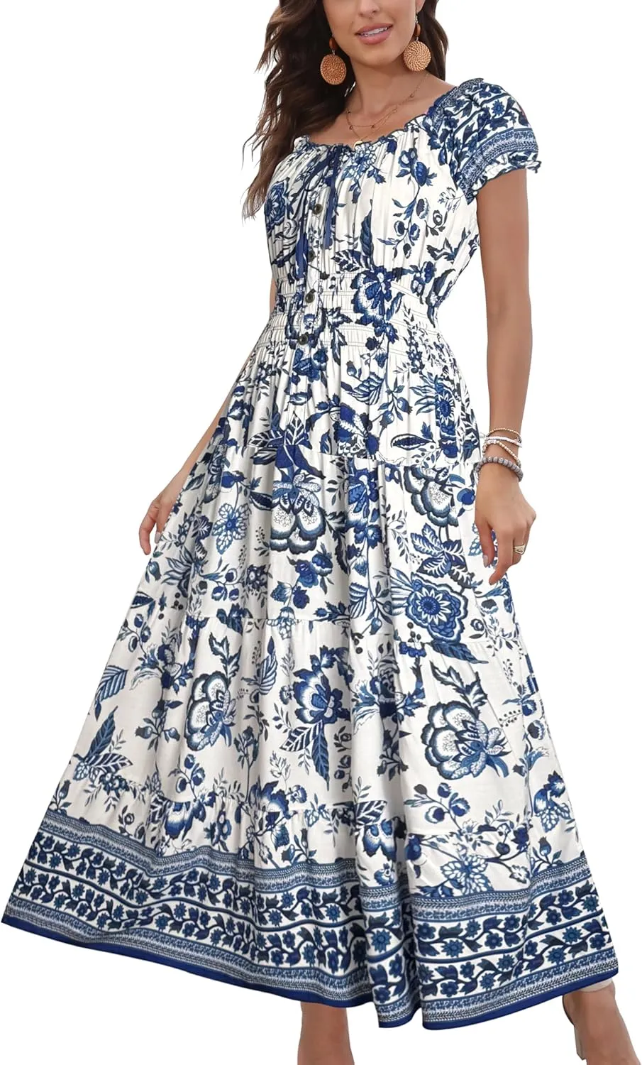 OSTOO Women's 2025 Summer Short Sleeves Boho Floral Print Tiered Casual Flowy Long Maxi Dress
