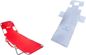 Ostrich 1 Red Chaise Lounge   1 White Towel | Patio Chaise Lounges & Custom Fitted Chaise Towel | Lightweight & Portable | Beach/Pool Chaise Lounge with 5 Position Folding