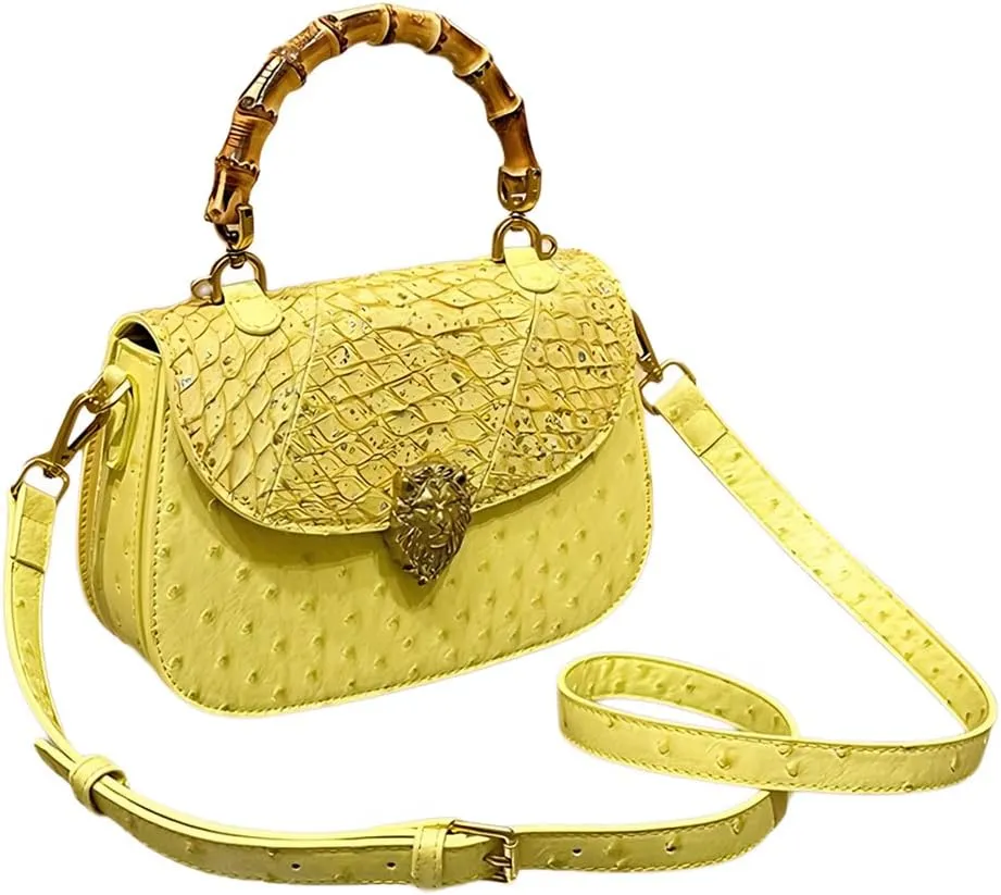 Ostrich Leather Purse Women Bag Real Bamboo Top-Handle Satchel Handbags Portable Saddle Bag Small Shoulder Messenger Bag