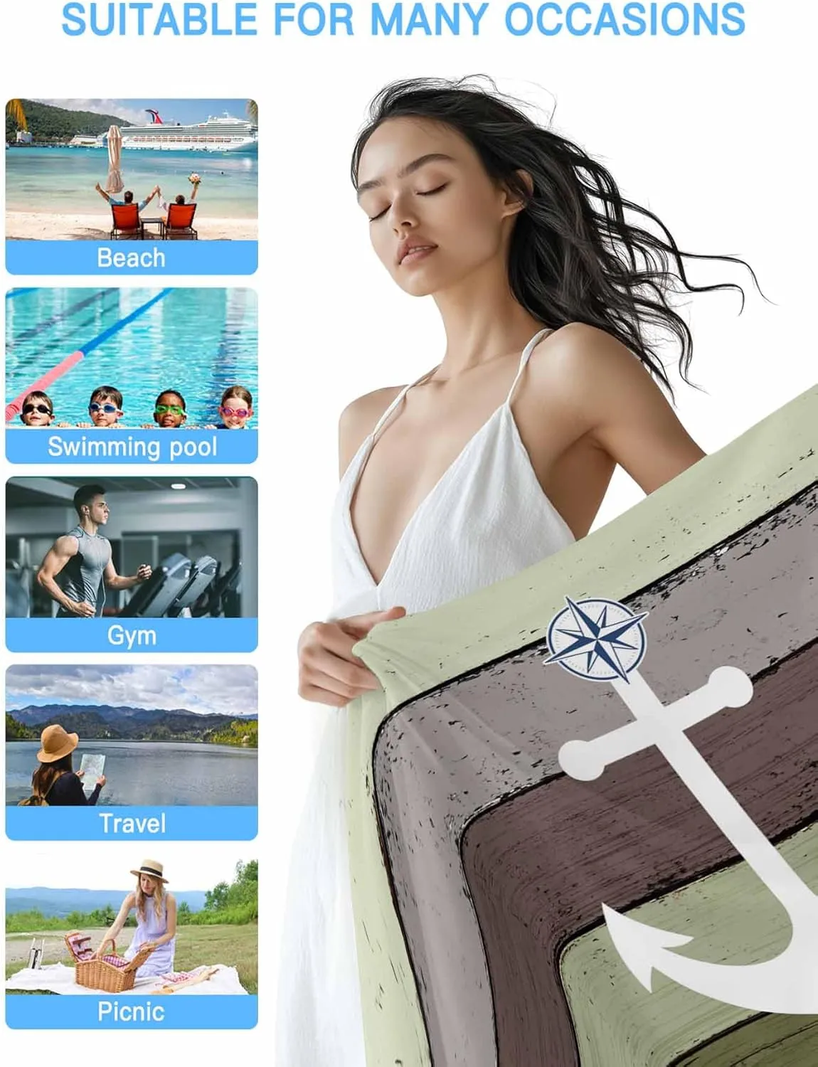 Oversized Beach Towel Anchor on Sage Green Farm Wood Grain Soft Quick-Dry Sand-Free Microfiber Towel for Travel/Surf/Swim/Pool/Vacation Compact Towel White Nautical Compass Bath Blanket, 30" x 60"