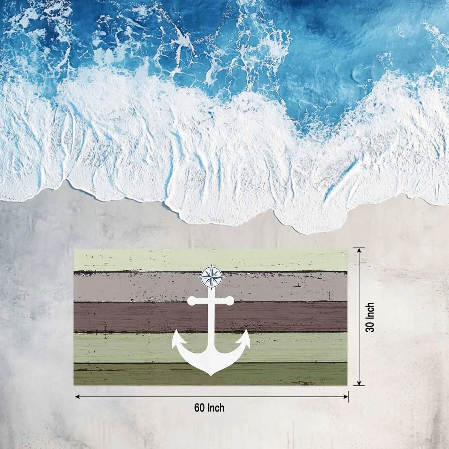Oversized Beach Towel Anchor on Sage Green Farm Wood Grain Soft Quick-Dry Sand-Free Microfiber Towel for Travel/Surf/Swim/Pool/Vacation Compact Towel White Nautical Compass Bath Blanket, 30" x 60"