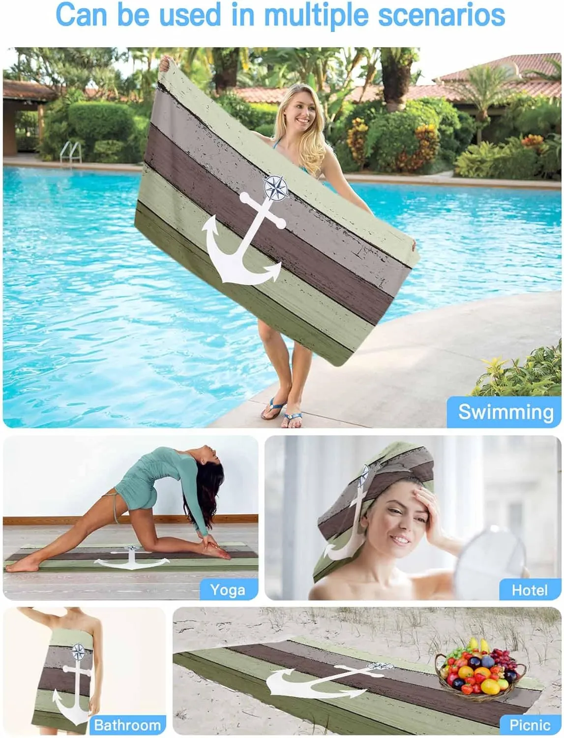 Oversized Beach Towel Anchor on Sage Green Farm Wood Grain Soft Quick-Dry Sand-Free Microfiber Towel for Travel/Surf/Swim/Pool/Vacation Compact Towel White Nautical Compass Bath Blanket, 30" x 60"