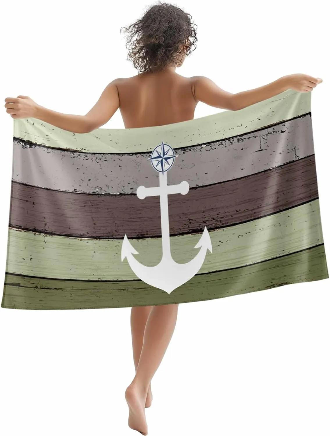 Oversized Beach Towel Anchor on Sage Green Farm Wood Grain Soft Quick-Dry Sand-Free Microfiber Towel for Travel/Surf/Swim/Pool/Vacation Compact Towel White Nautical Compass Bath Blanket, 30" x 60"