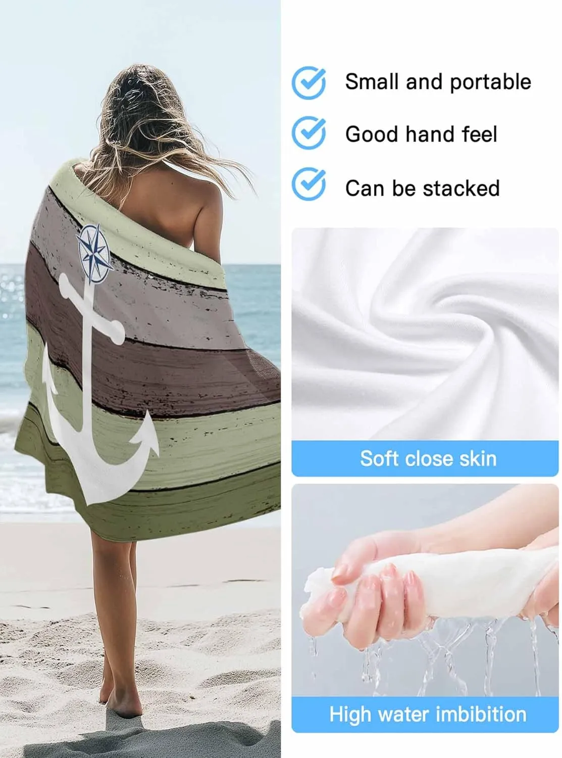 Oversized Beach Towel Anchor on Sage Green Farm Wood Grain Soft Quick-Dry Sand-Free Microfiber Towel for Travel/Surf/Swim/Pool/Vacation Compact Towel White Nautical Compass Bath Blanket, 30" x 60"
