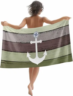 Oversized Beach Towel Anchor on Sage Green Farm Wood Grain Soft Quick-Dry Sand-Free Microfiber Towel for Travel/Surf/Swim/Pool/Vacation Compact Towel White Nautical Compass Bath Blanket, 30" x 60"