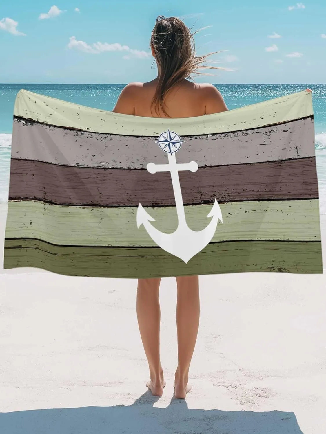 Oversized Beach Towel Anchor on Sage Green Farm Wood Grain Soft Quick-Dry Sand-Free Microfiber Towel for Travel/Surf/Swim/Pool/Vacation Compact Towel White Nautical Compass Bath Blanket, 30" x 60"